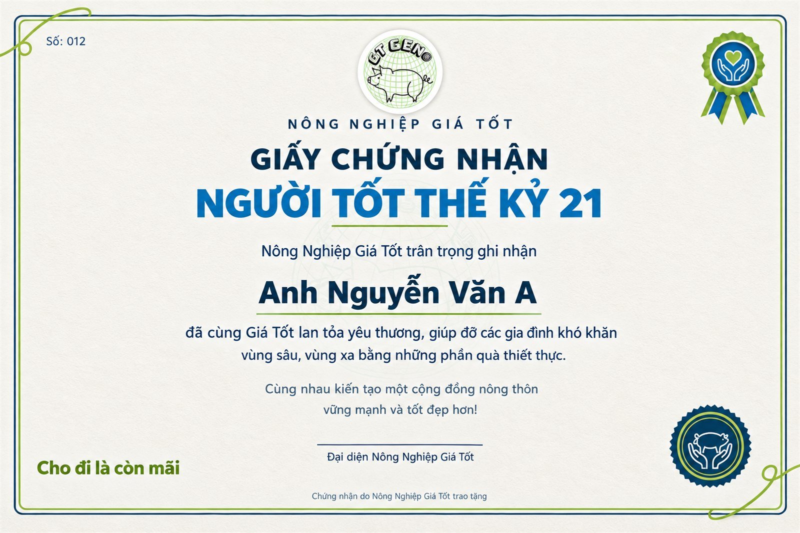 Mẫu Giấy chứng nhận Người tốt thế kỷ 21 do Nông Nghiệp Giá Tốt trao tặng